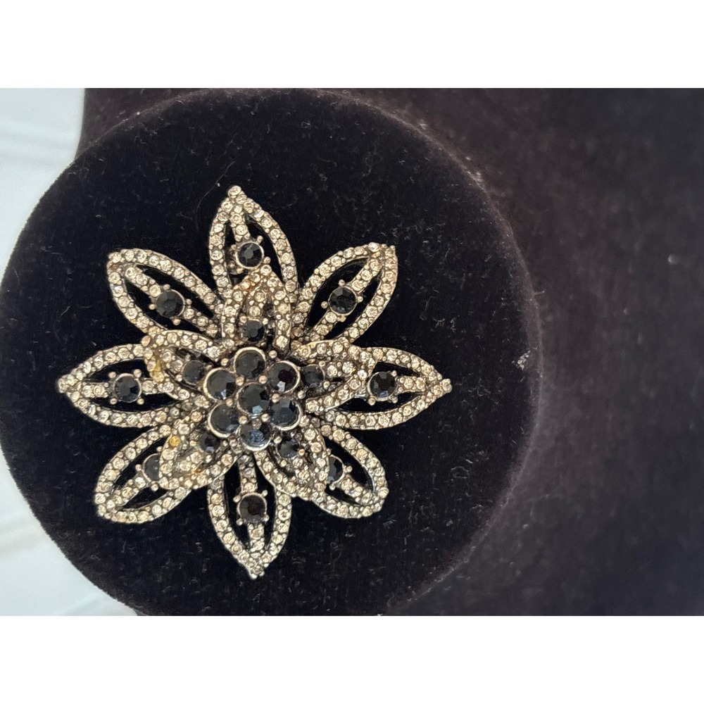 Vintage Silver Tone Black and Clear Rhinestone Floral Starburst Brooch Pin